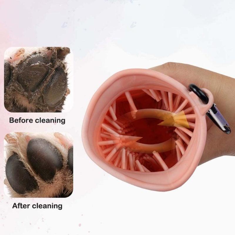 2 in 1 dog paw cleaner cup showing before and after cleaning results with silicone bristles inside.