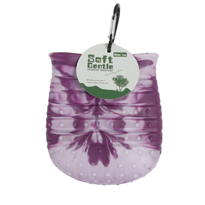 2 in 1 dog paw cleaner cup in purple; soft silicone design for pet foot washing and grooming with handy hook.