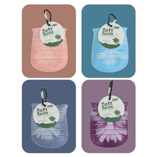 Assorted colors of 2 in 1 dog paw cleaner cups with labels, featuring portable designs for easy pet cleaning.